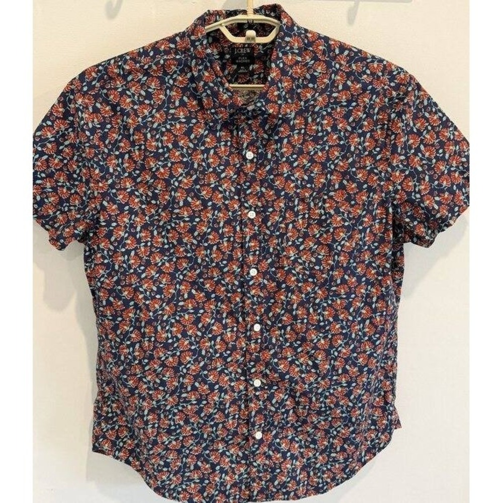 J Crew Flex Washed Short Sleeve Button Front Shirt Mens Poplin Nav Floral XL